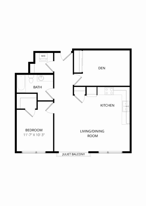 Floor plan for 1 bed, 1 bath, 885 sqft